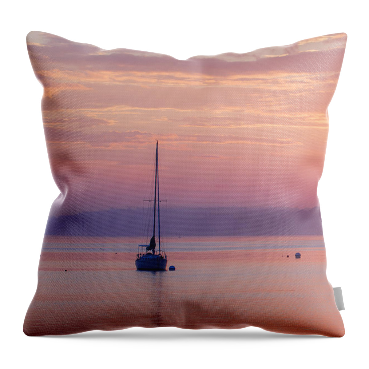 Sailboat Throw Pillow featuring the photograph Sailboat at Sunrise in Casco Bay Maine by Diane Diederich