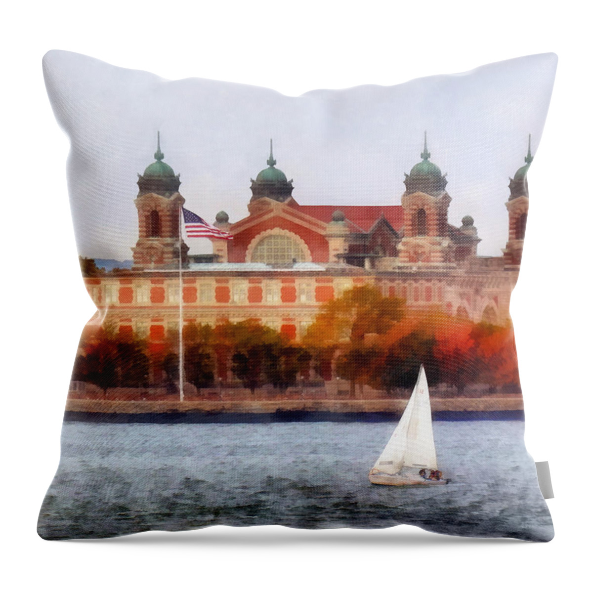 Ellis Island Throw Pillow featuring the photograph Sailboat by Ellis Island by Susan Savad