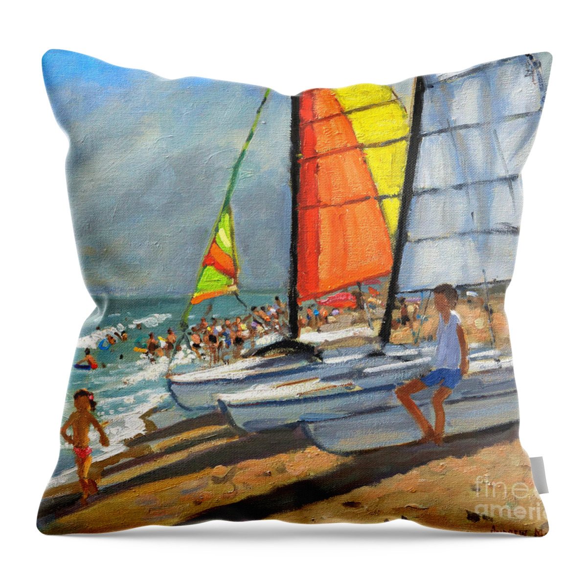Andrew Macara Throw Pillow featuring the painting Sailboats Garrucha Spain by Andrew Macara