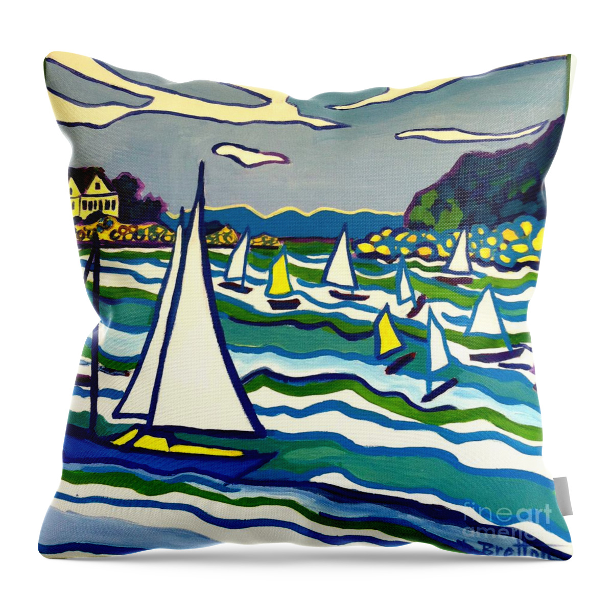 Landscape Throw Pillow featuring the painting Sailing School Manchester by-the-sea by Debra Bretton Robinson