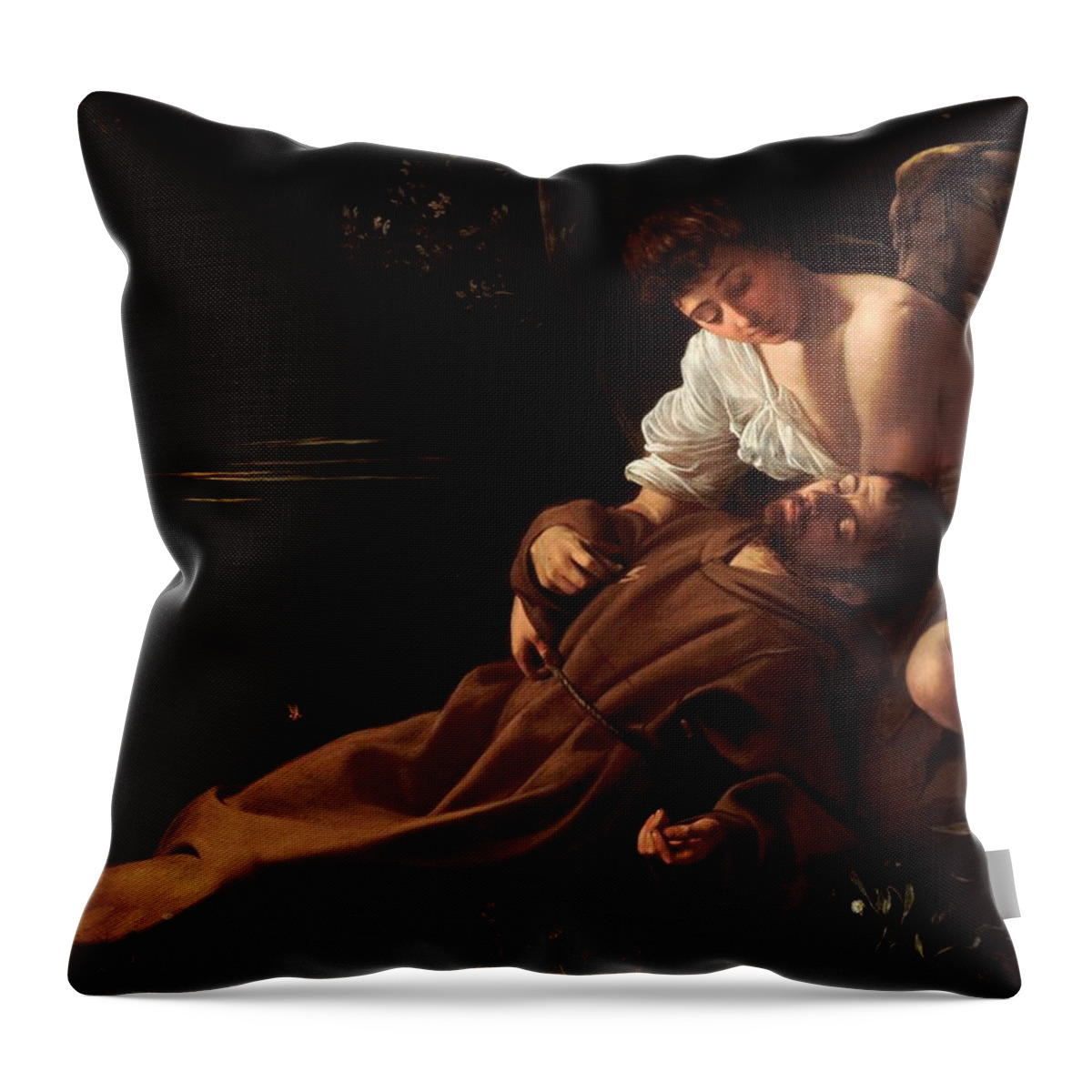 Saint Francis Of Assisi At The Moment Of Receiving The Signs Of The Stigmata Throw Pillow featuring the painting Saint Francis of Assisi by Celestial Images