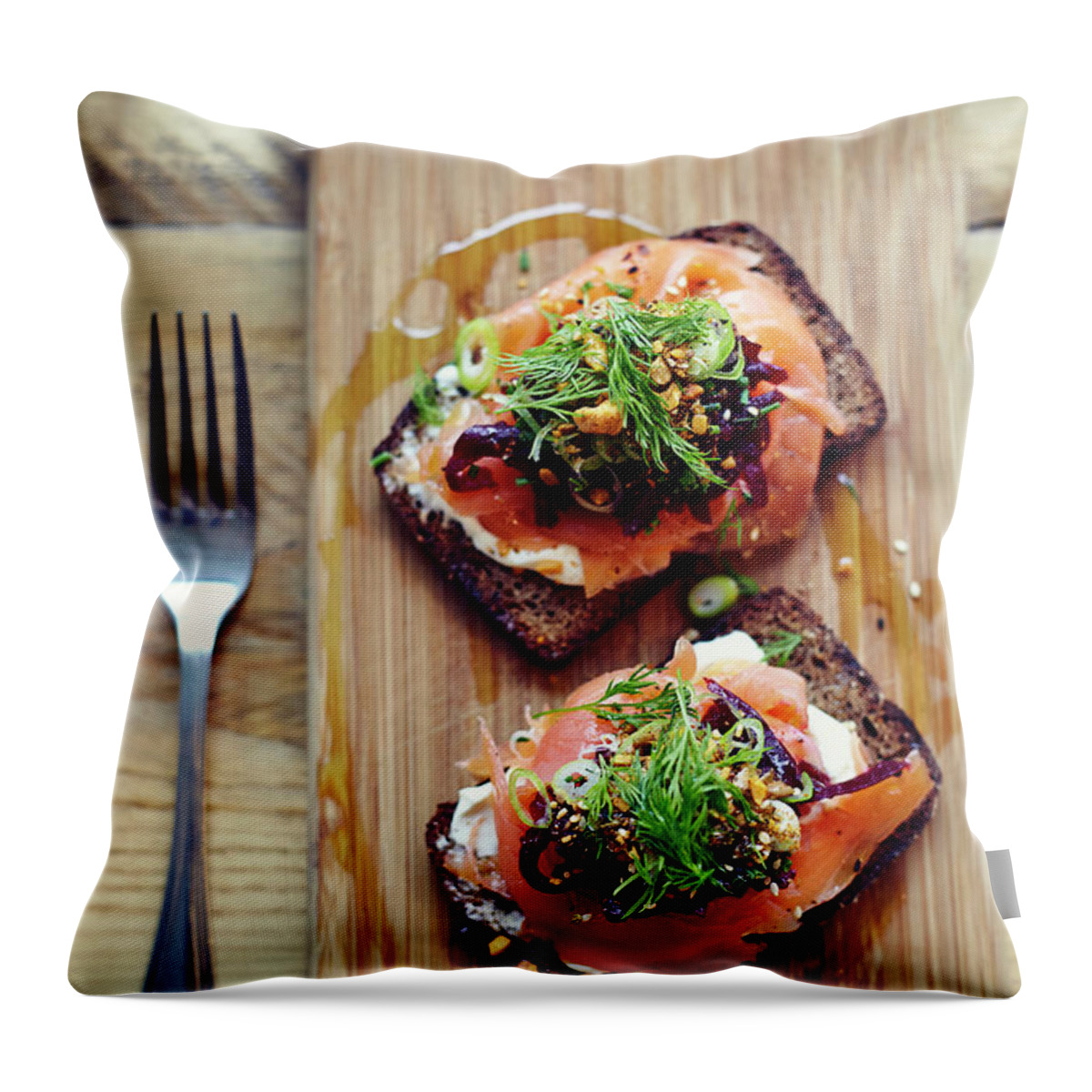 Bakery Throw Pillow featuring the photograph Salmon Tartine On Rye Bread On Wooden by Jake Curtis