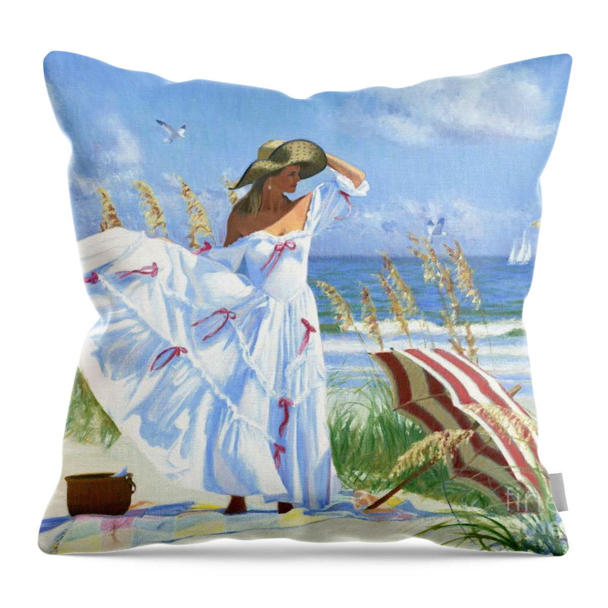 Woman On Beach Throw Pillow featuring the painting Salt Aire Blues by Candace Lovely