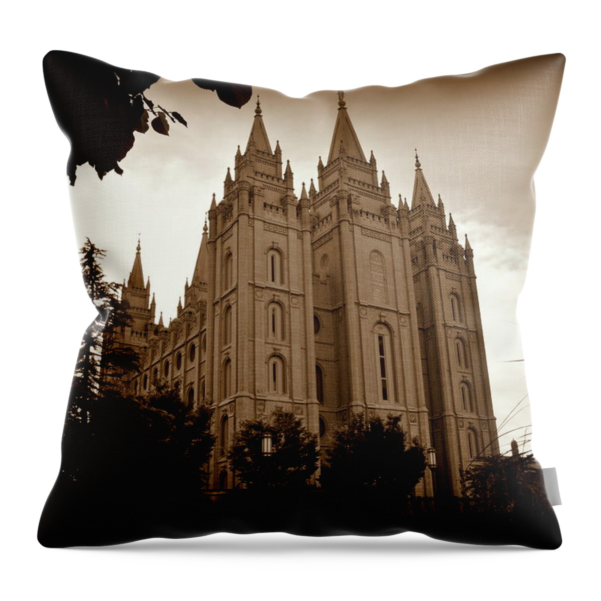 Salt Lake City Throw Pillow featuring the photograph Salt Lake City LDS Temple Sepia by Nathan Abbott