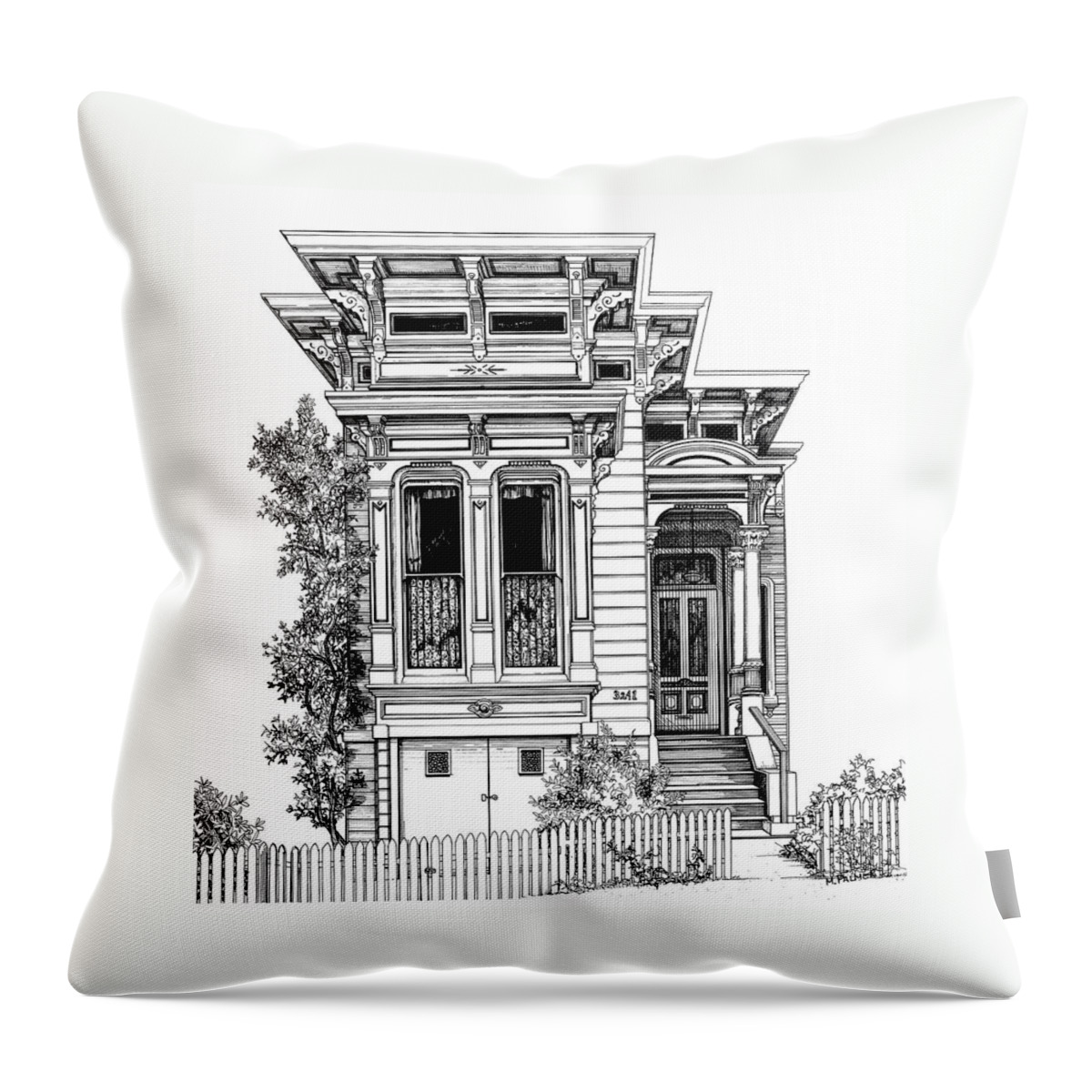 Pen And Ink Throw Pillow featuring the drawing San Fracisco Victorian2 by Mary Palmer