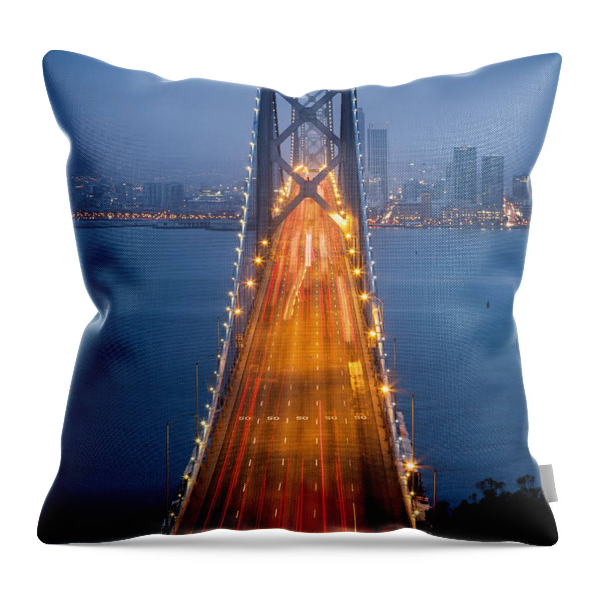 3scape Throw Pillow featuring the photograph San Francisco - Oakland Bay Bridge by Adam Romanowicz