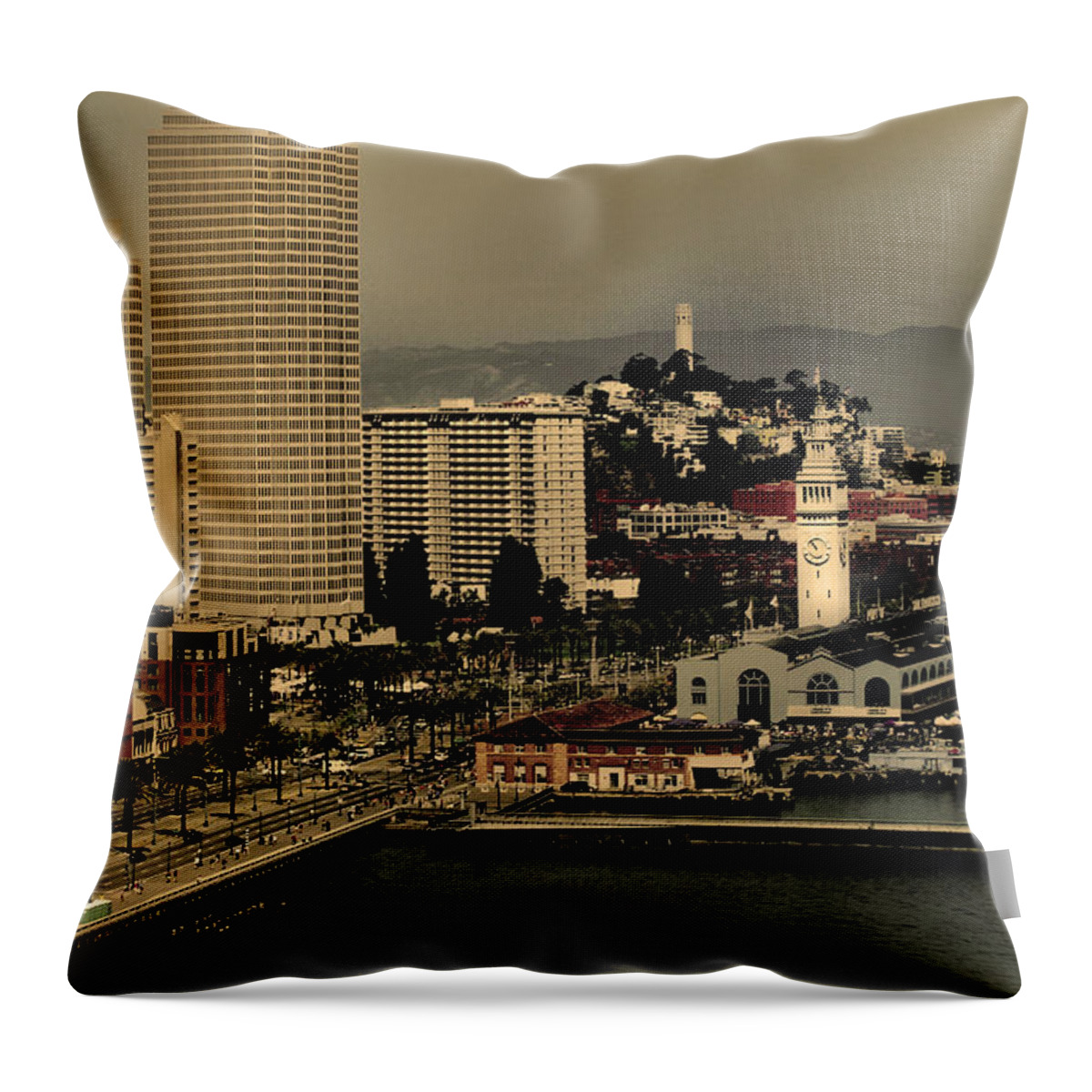 Bridge Throw Pillow featuring the photograph San Francisco Pier from the Bridge by Maggy Marsh
