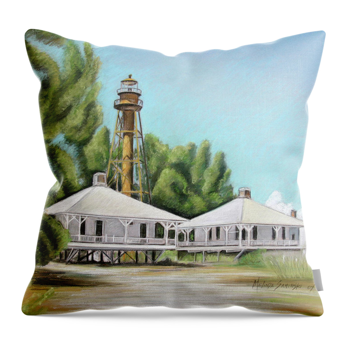  Sanibel Lighthouse Throw Pillow featuring the painting Sanibel Lighthouse by Melinda Saminski