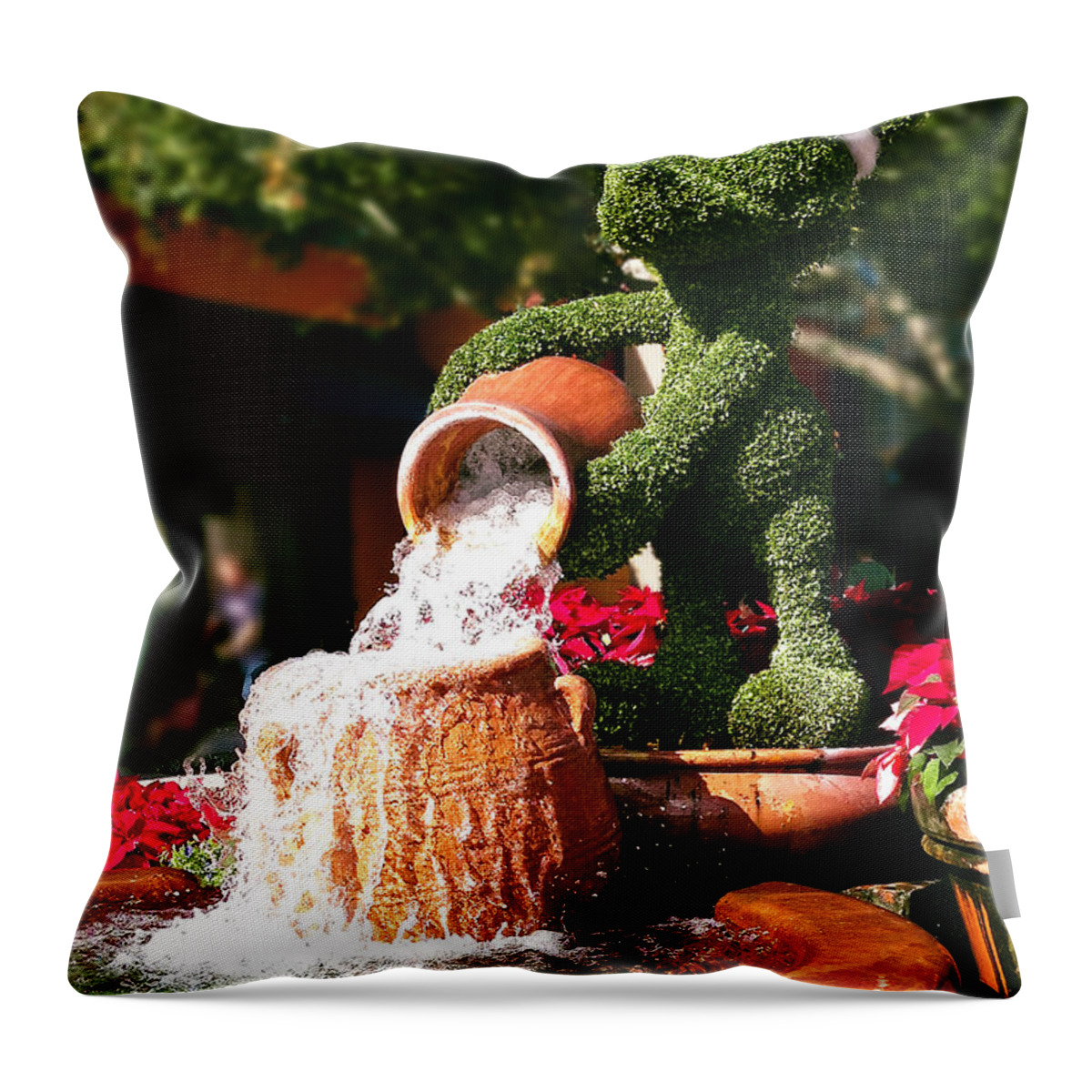 Santa Mickey Topiary Fountain Throw Pillow featuring the photograph Santa Mickey Topiary Fountain by Doug Kreuger
