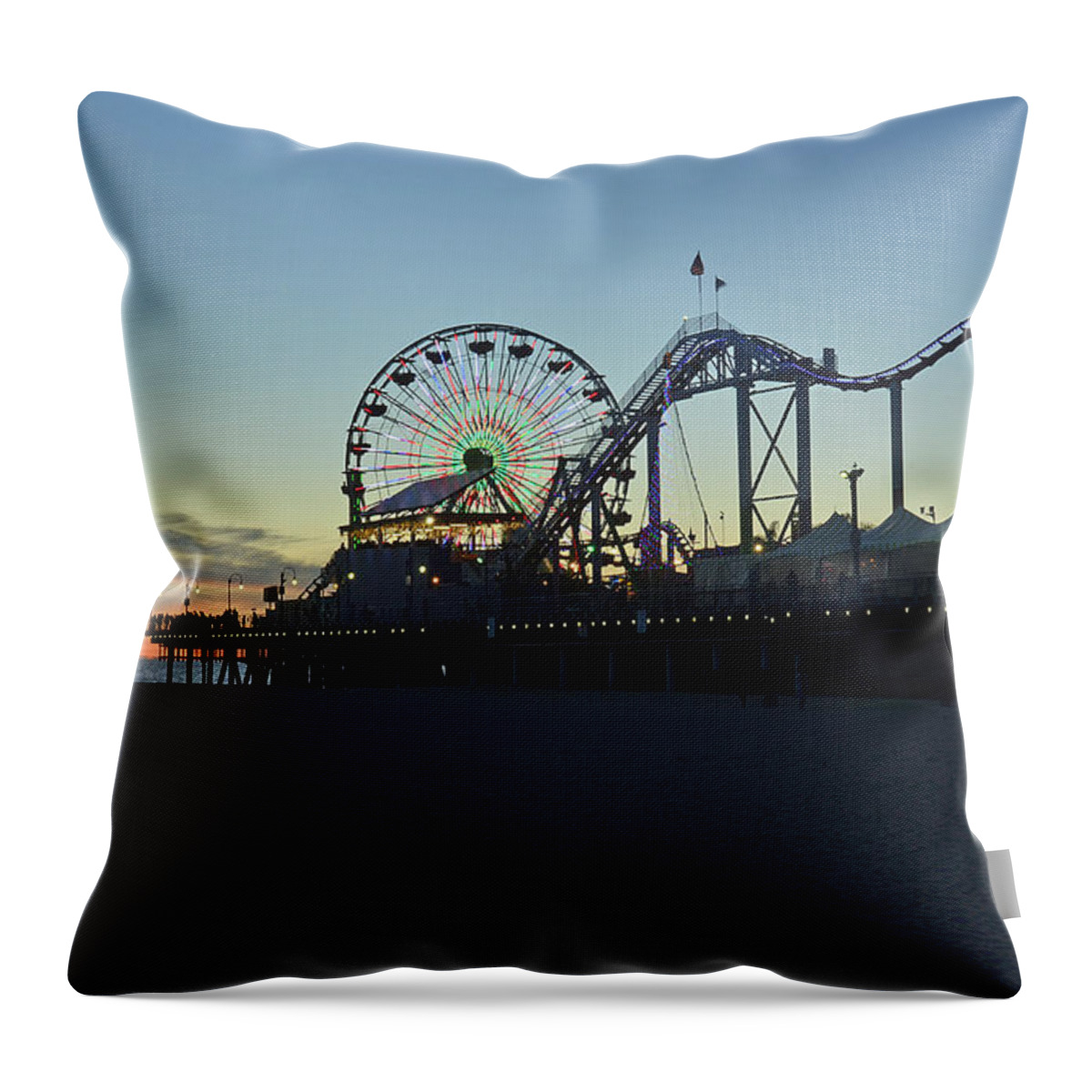 Santa Monica California Pier Sunset Beach Throw Pillow featuring the photograph Santa Monica Pier Sunset by William Kimble