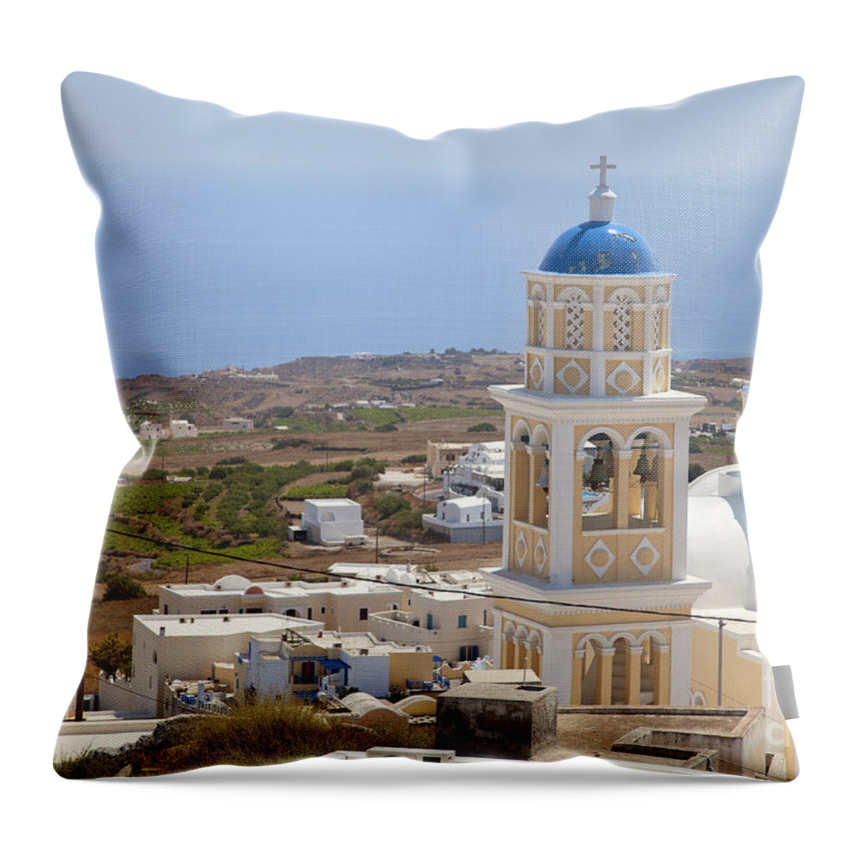 Fira Throw Pillow featuring the photograph Santorini church overlooking the sea by Sophie McAulay