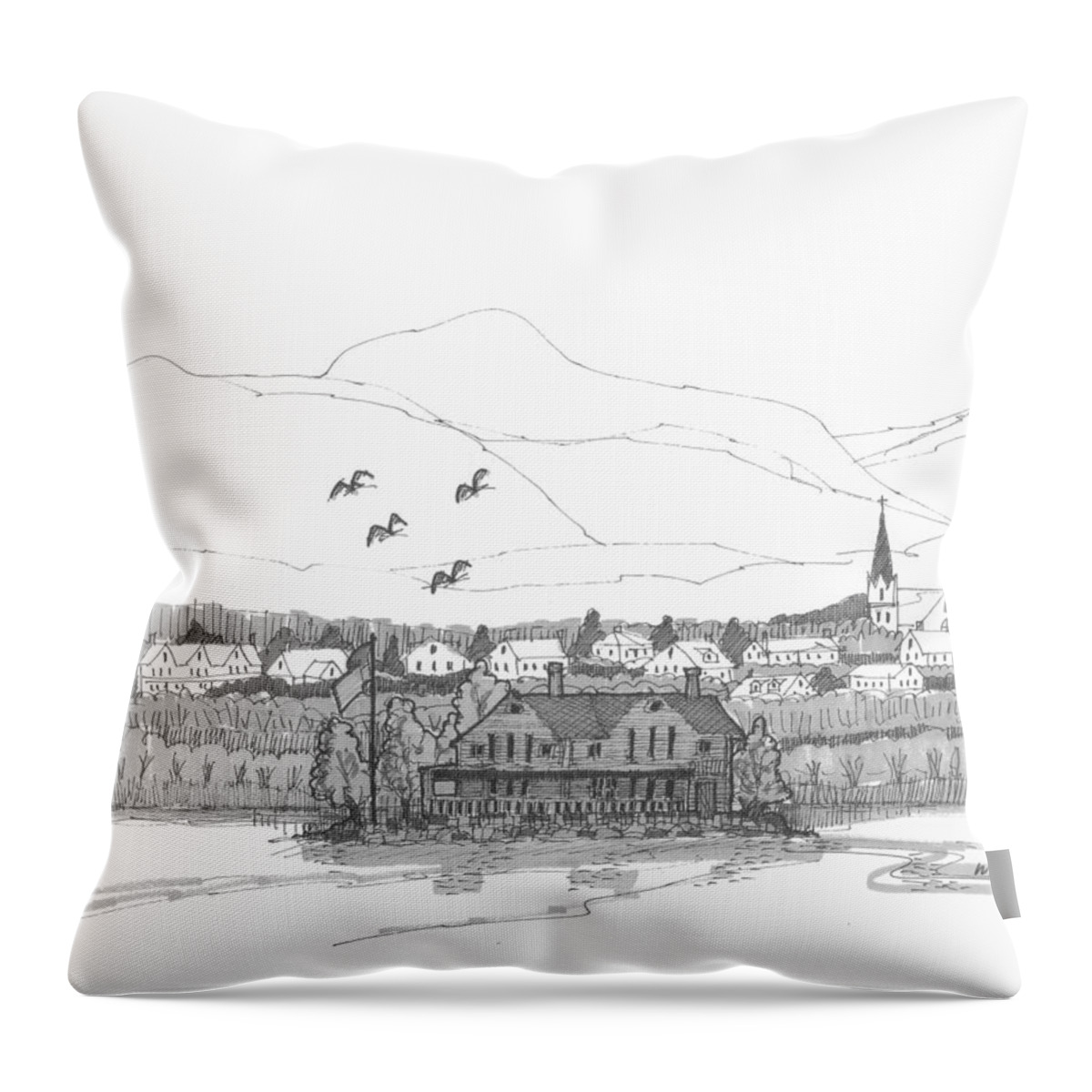 Hudson River Throw Pillow featuring the drawing Saugerties from Tivoli by Richard Wambach