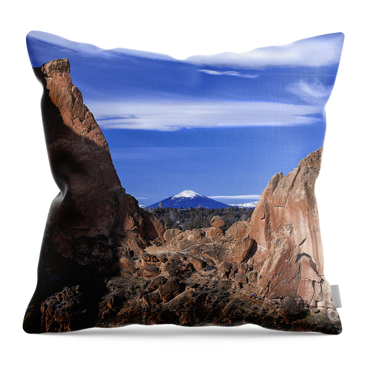 Scenic Blue Sky Rocky Mountain Cliffs Photography Throw Pillow featuring the photograph Scenic Blue Sky View Between Smith Rock Mountain Rugged Cliffs by Jerry Cowart
