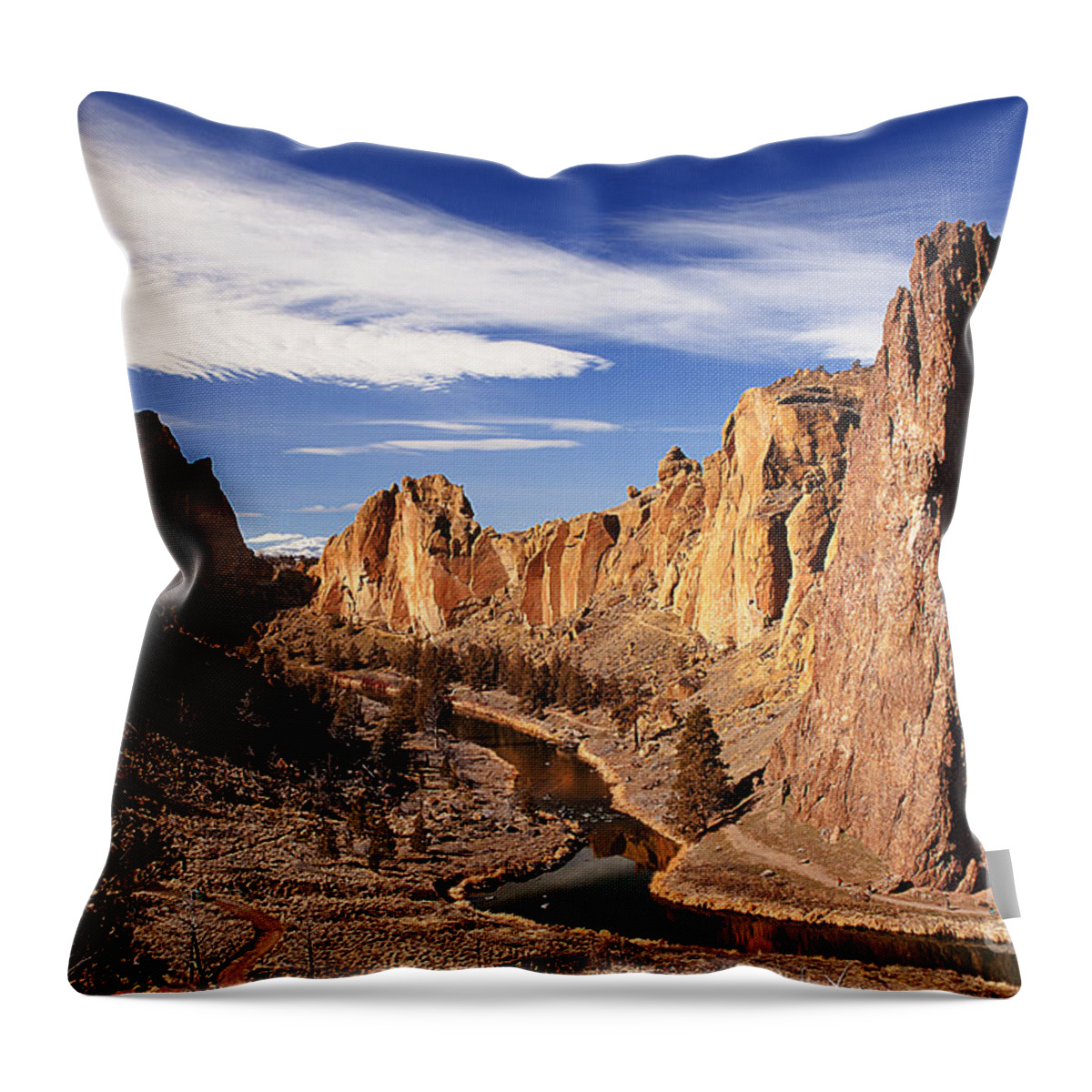 Scenic Rocky Mountain River Rocks Photography Throw Pillow featuring the photograph Scenic Smith Rock Mountains With Rugged Cliffs Flowing River by Jerry Cowart