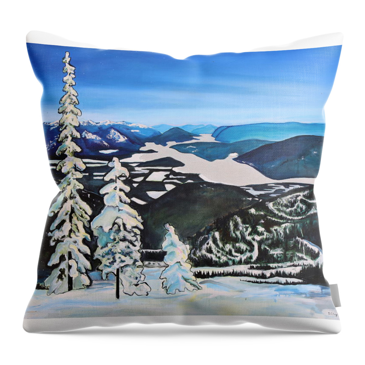 Skiing Throw Pillow featuring the painting Schweitzer View by Whitney Palmer