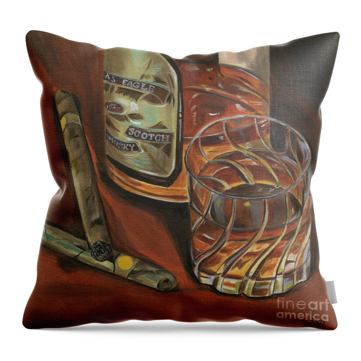 Scotch Throw Pillow featuring the painting Scotch and Cigars 3 by Debbie DeWitt
