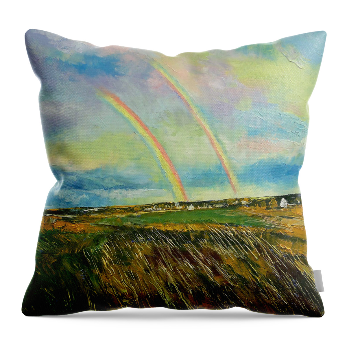 Scotland Throw Pillow featuring the painting Scotland Double Rainbow by Michael Creese