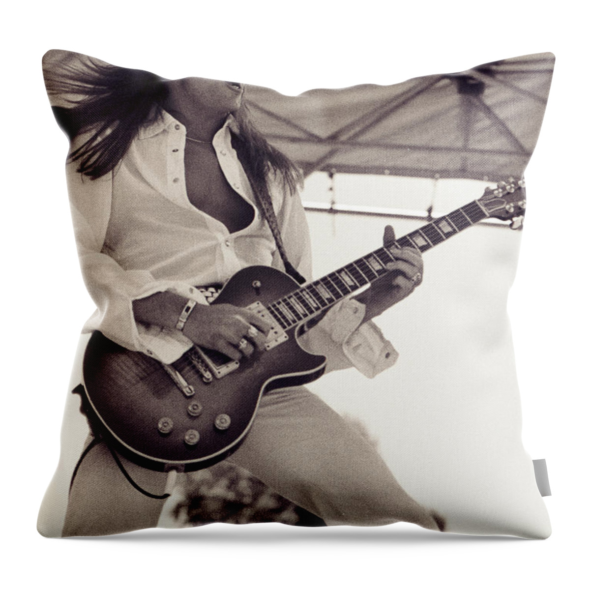 Scott Gorham Throw Pillow featuring the photograph Scott Gorham of Thin Lizzy Black Rose tour at Day on the Green 4th of July 1979 by Daniel Larsen