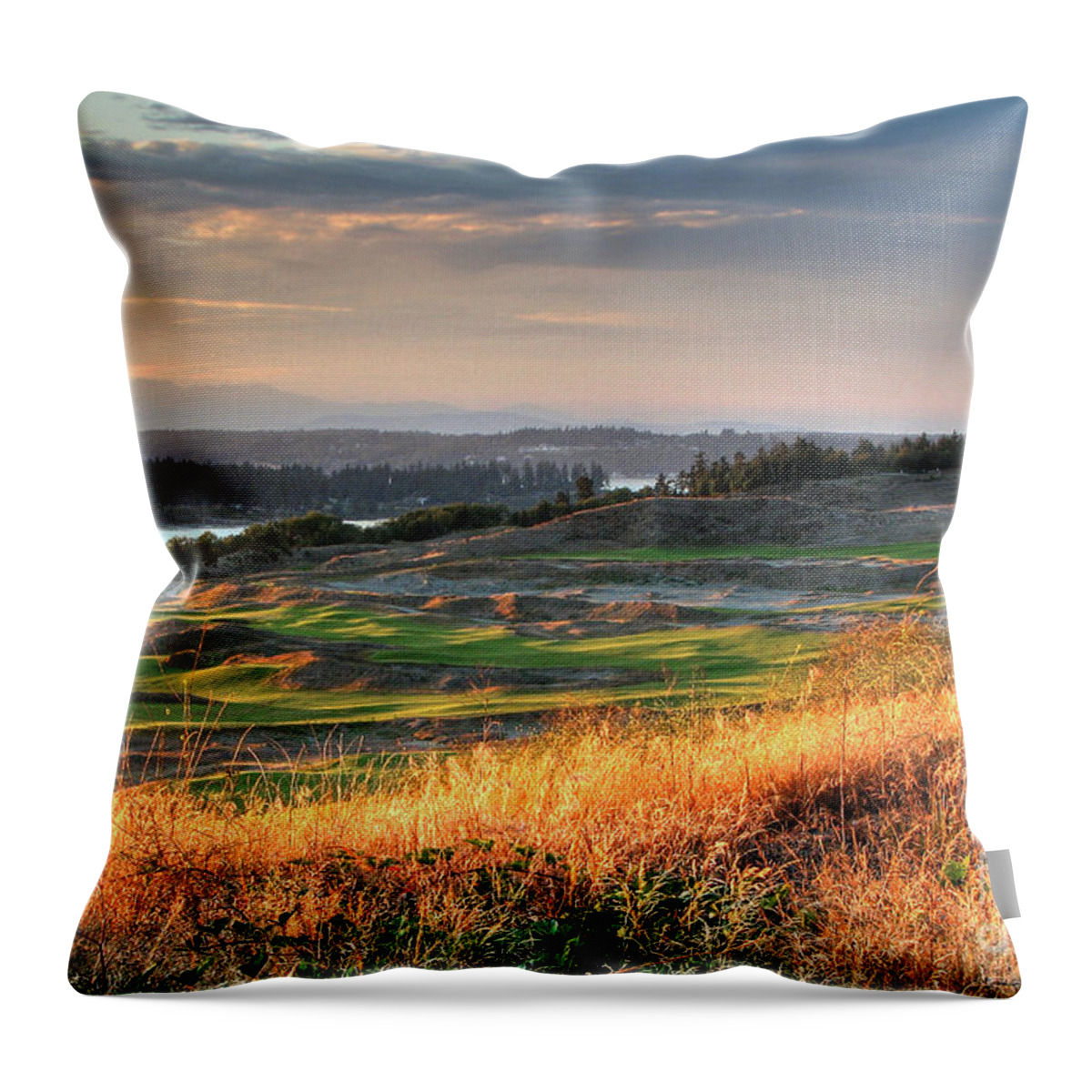 Chambers Creek Throw Pillow featuring the photograph Scottish Style Links in September - Chambers Bay Golf Course by Chris Anderson