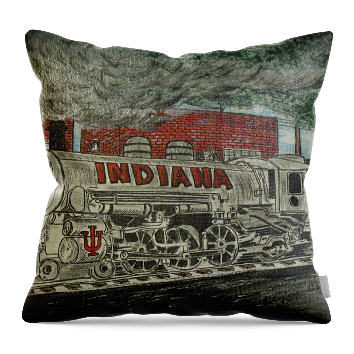 Scrapping Hoosiers Throw Pillow featuring the painting Scrapping Hoosiers Indiana Monon Train by Kathy Marrs Chandler