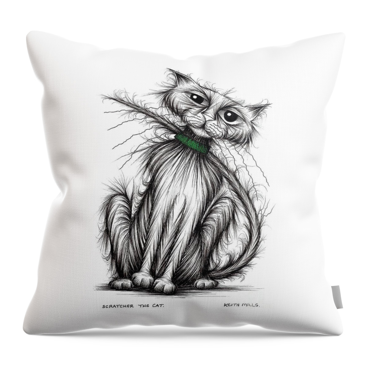 Groovy Kitties Throw Pillow featuring the drawing Scratcher the cat by Keith Mills