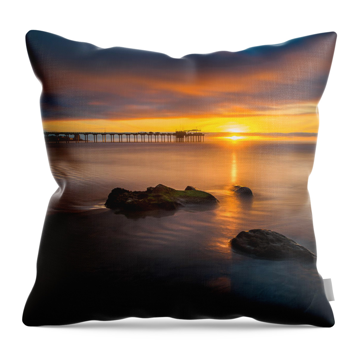 California; Long Exposure; Ocean; Reflection; San Diego; Seascape; Sky; Sunset; Clouds Throw Pillow featuring the photograph Scripps Pier Sunset 2 by Larry Marshall