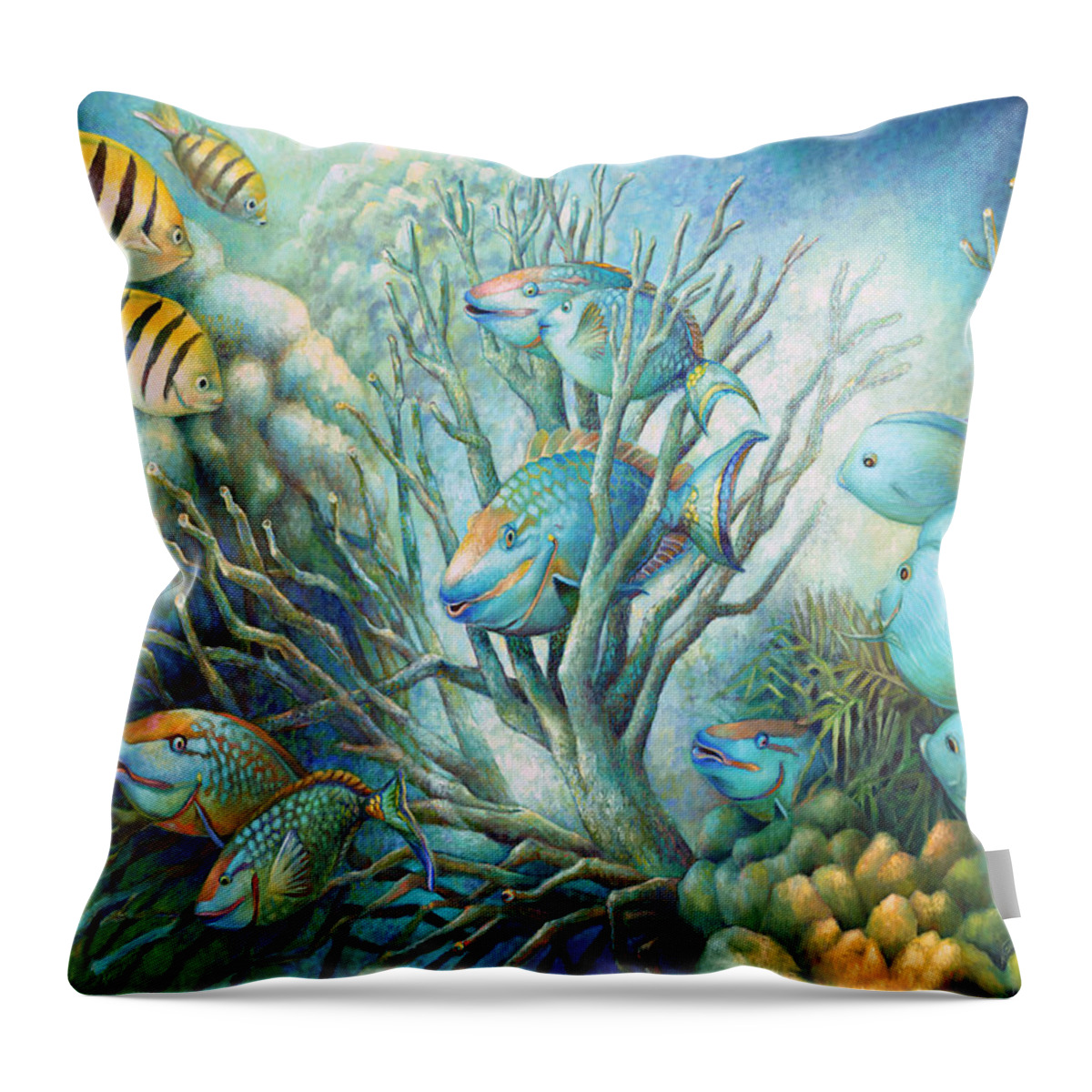 Under Water Throw Pillow featuring the painting Sea Folk by Nancy Tilles