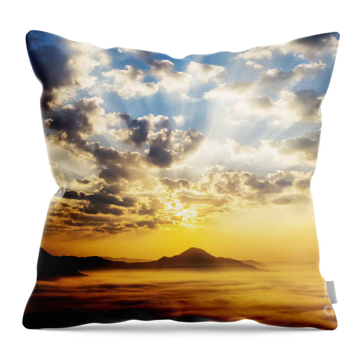 Thailand Throw Pillow featuring the photograph Sea of clouds on sunrise with ray lighting by Setsiri Silapasuwanchai