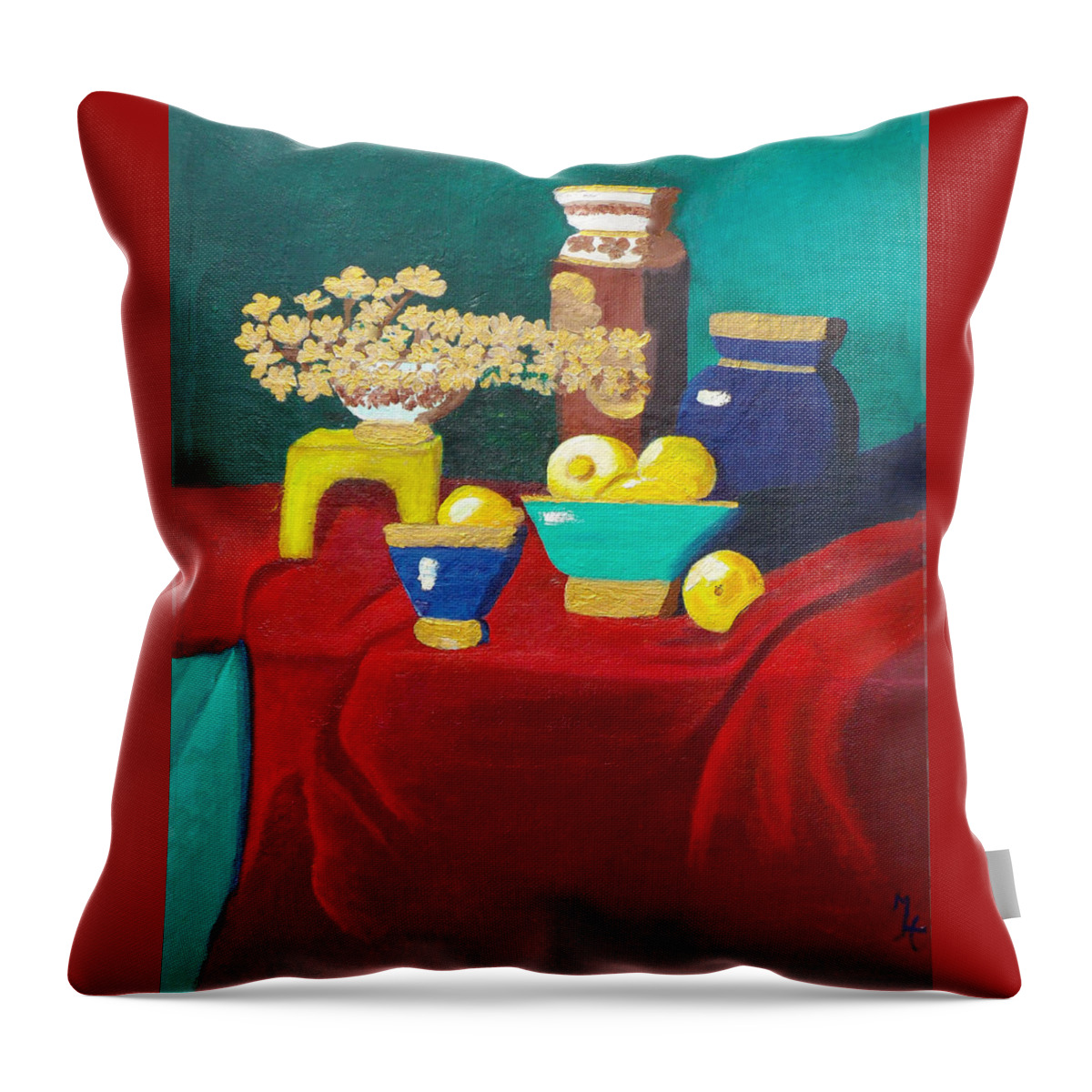 Still Life Throw Pillow featuring the painting Seafoam Green on Red Velvet by Margaret Harmon