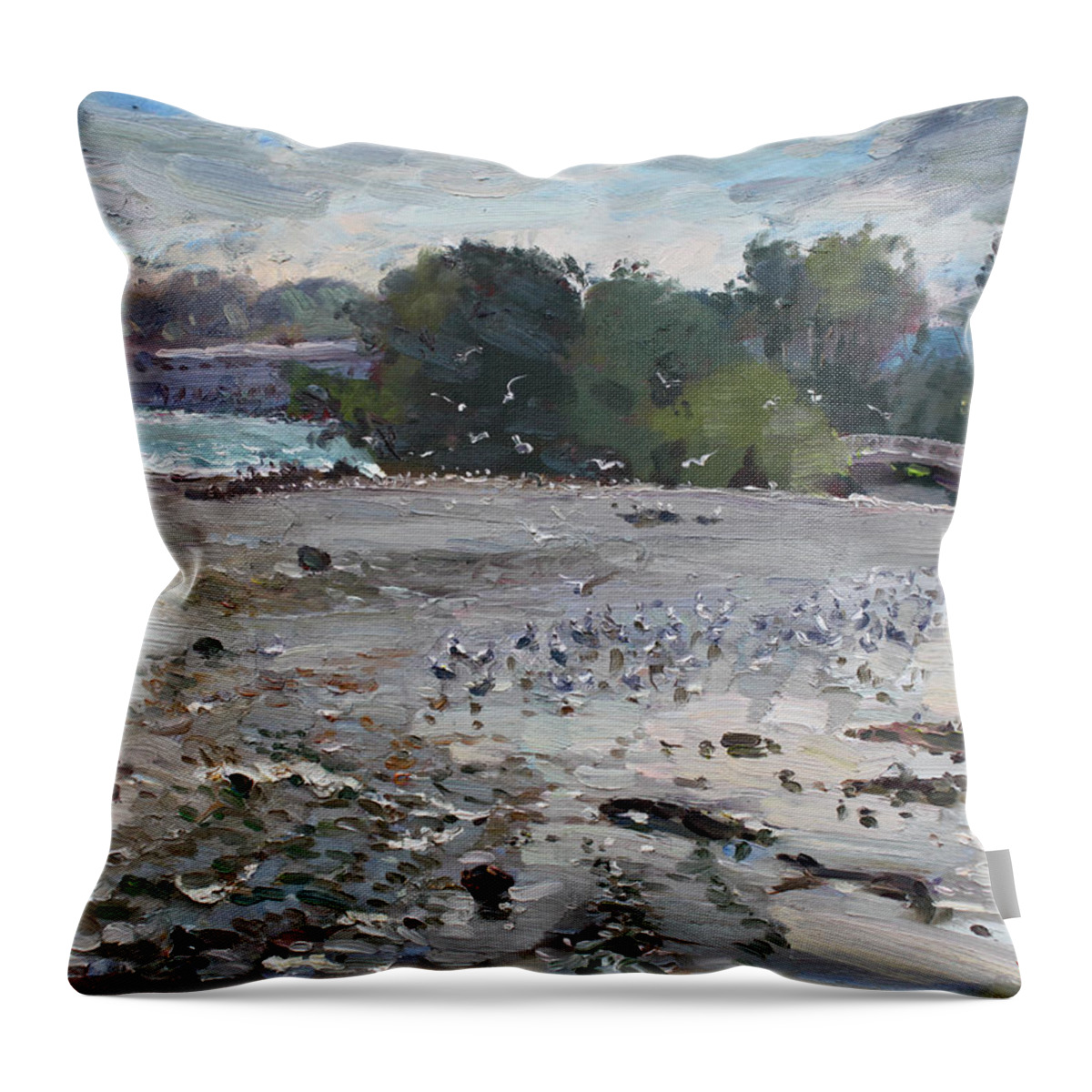 Seagulls Throw Pillow featuring the painting Seagulls on Niagara River by Ylli Haruni