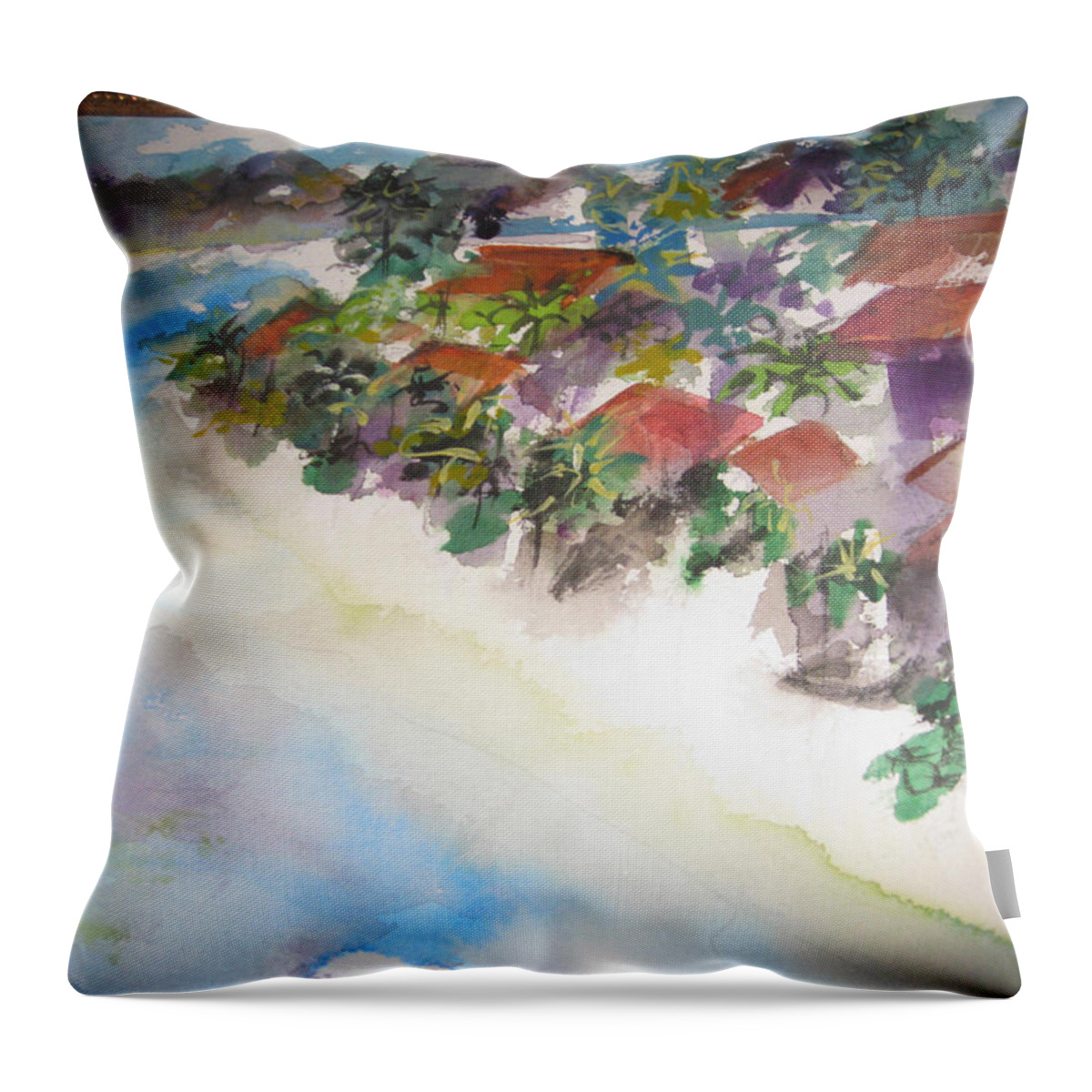 This Is A Scene Of A Seashore In Bali Throw Pillow featuring the painting Seashore in Bali by Lucille Valentino