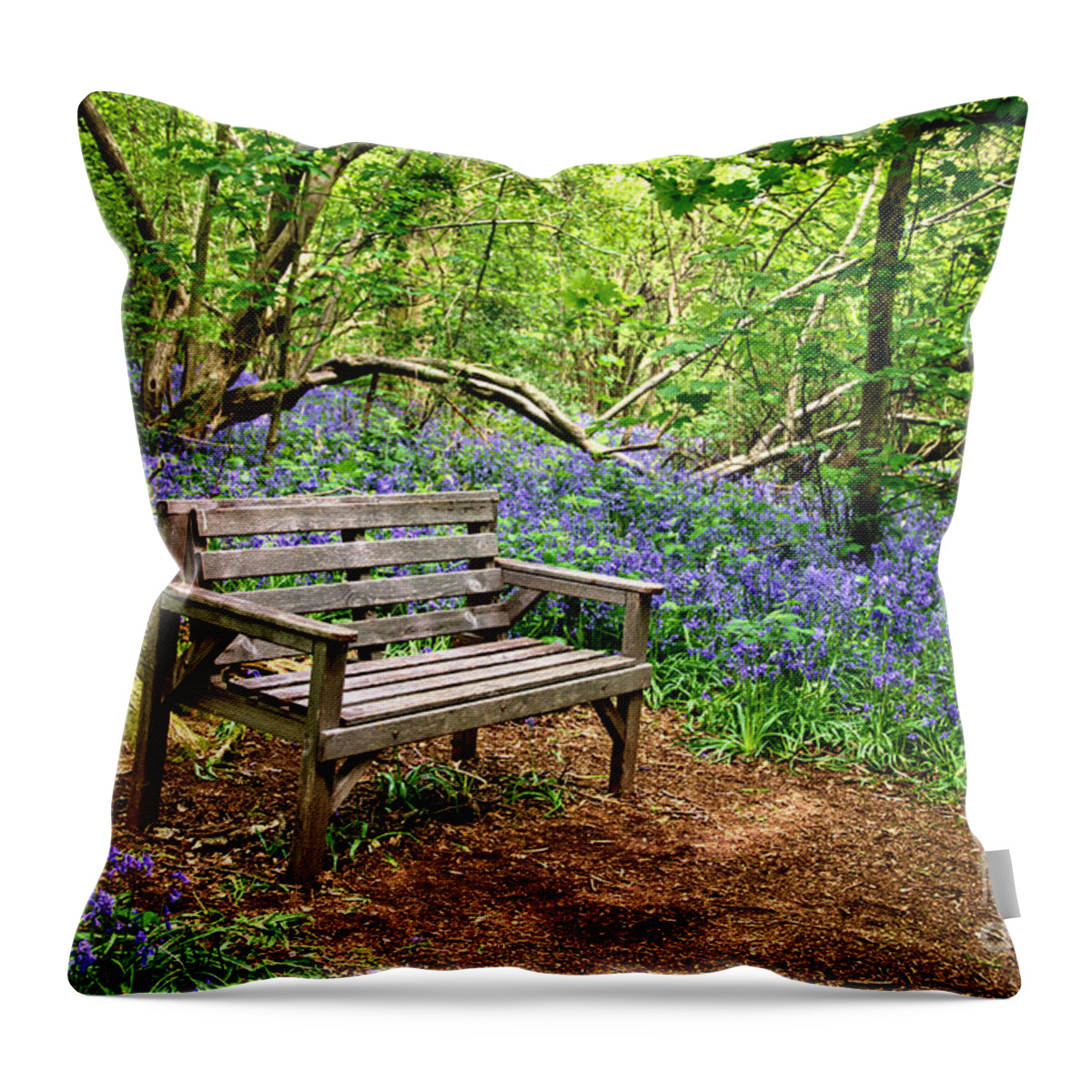 Woodland Throw Pillow featuring the photograph Seat in the bluebell woodland by Steev Stamford