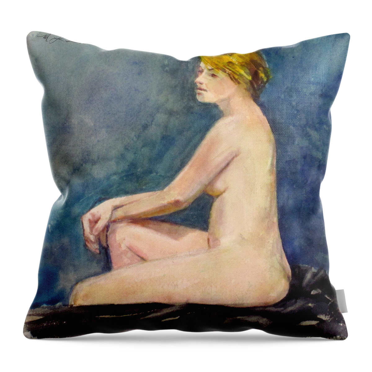 Seated Nude Watercolor Throw Pillow featuring the painting Seated Blond Nude by Mark Lunde