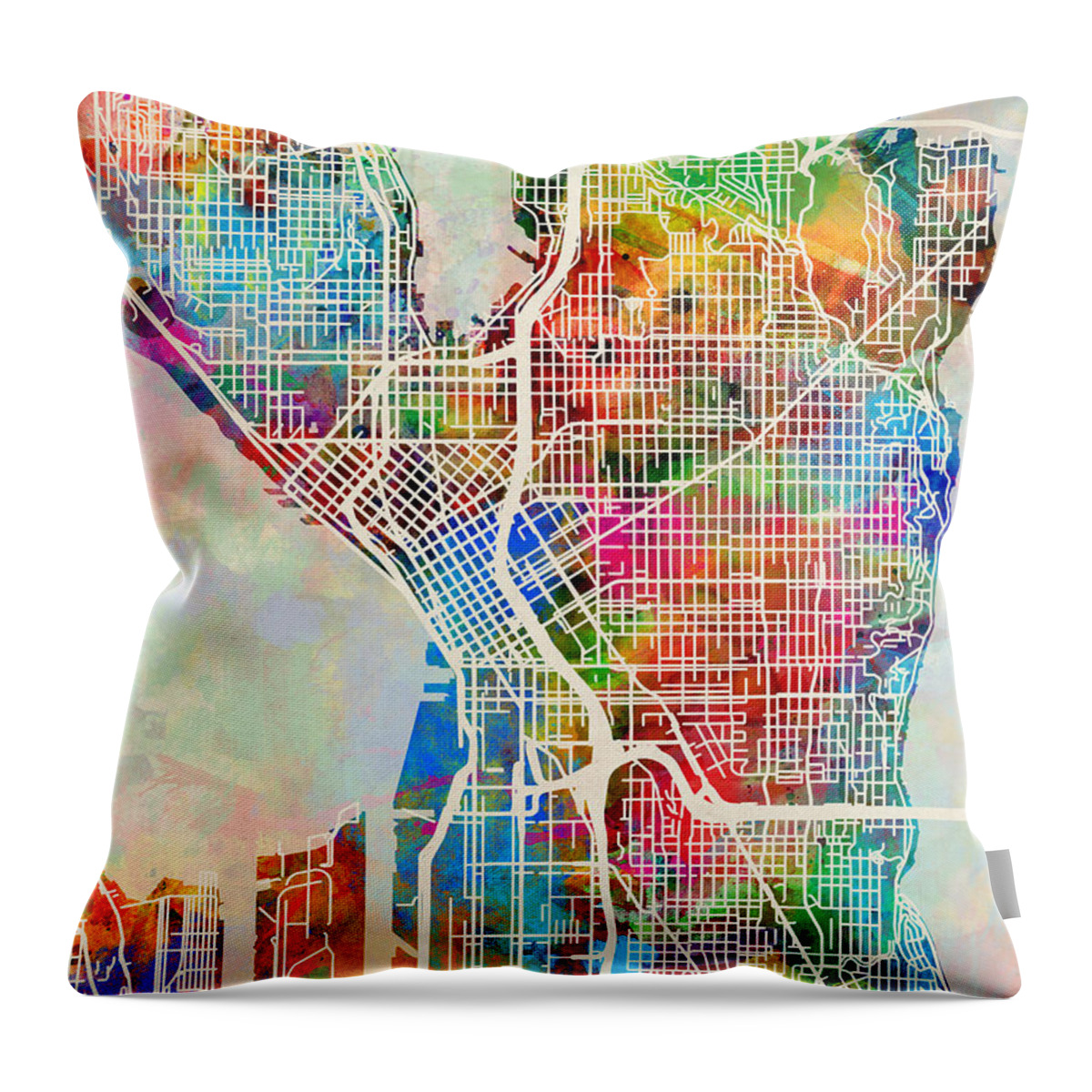 Street Map Throw Pillow featuring the digital art Seattle Washington Street Map by Michael Tompsett