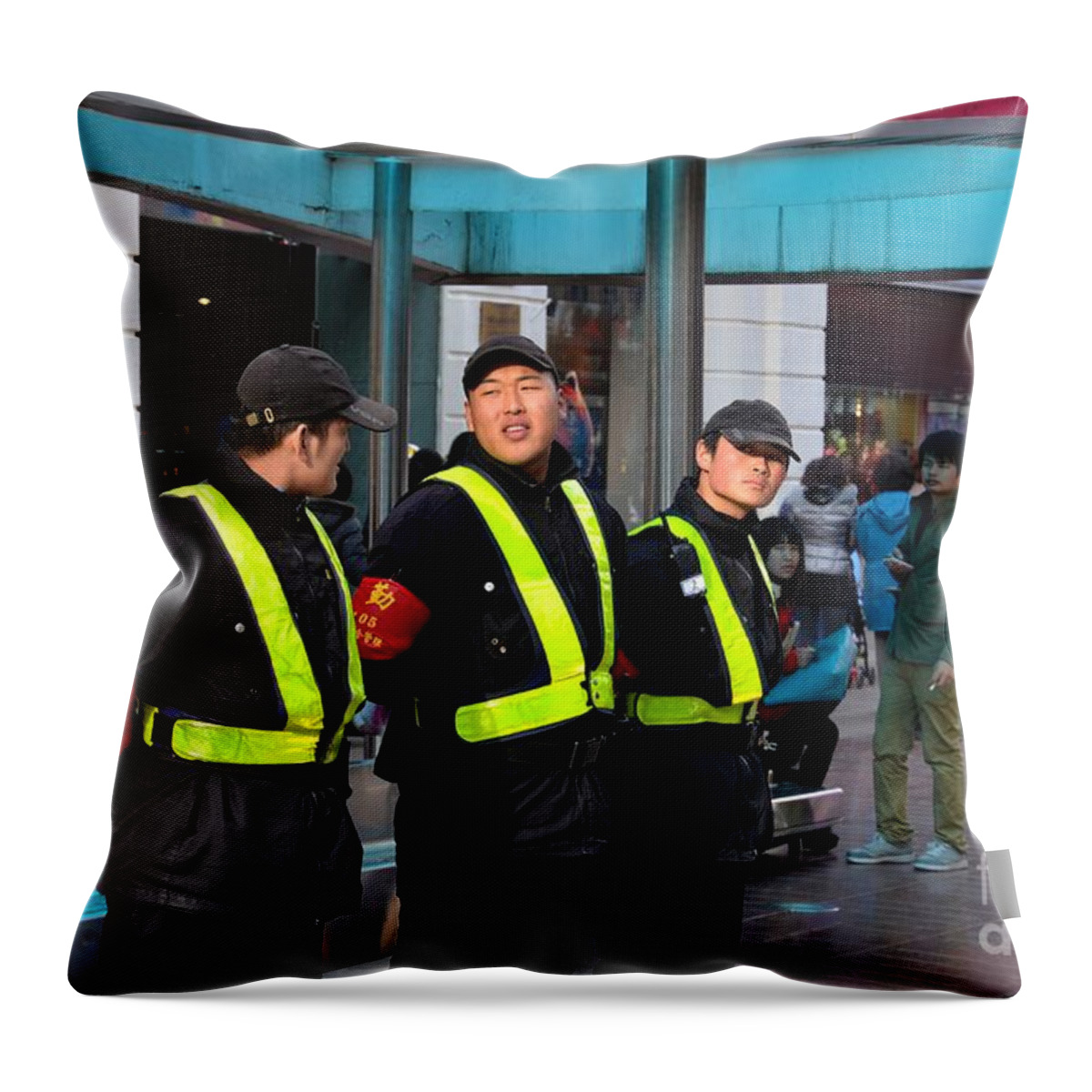 Security Throw Pillow featuring the photograph Security team at Nanjing Road Shanghai China by Imran Ahmed