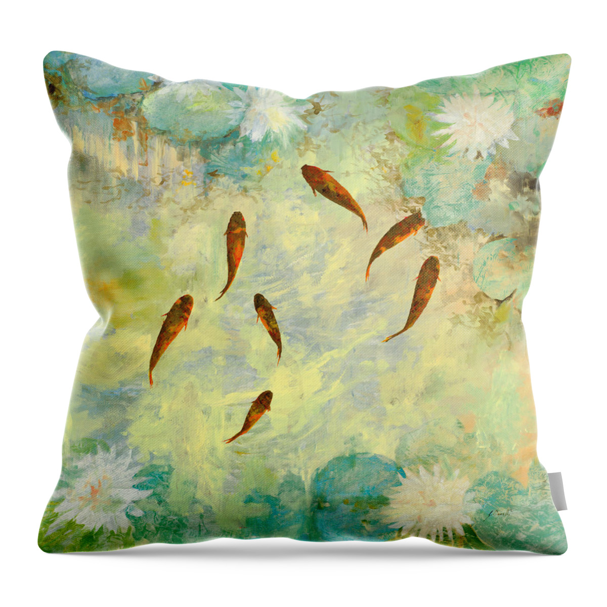 Koi Throw Pillow featuring the painting Sette Pesci Rossi Tra Le Ninfee by Guido Borelli