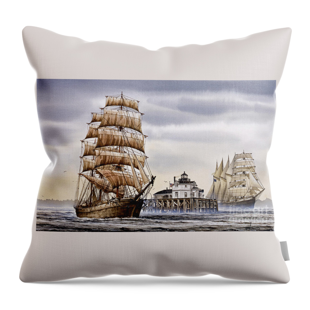 Tall Ship Print Throw Pillow featuring the painting Semi-ah-moo Lighthouse by James Williamson