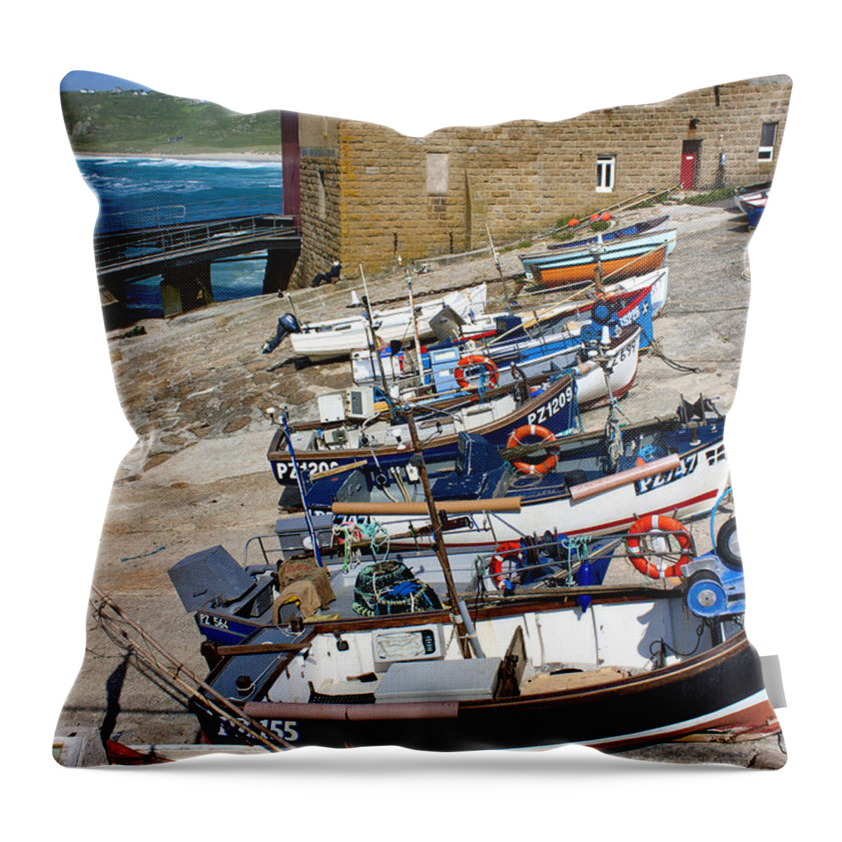 Sennen Cove Throw Pillow featuring the photograph Sennen Cove Fishing Fleet by Terri Waters