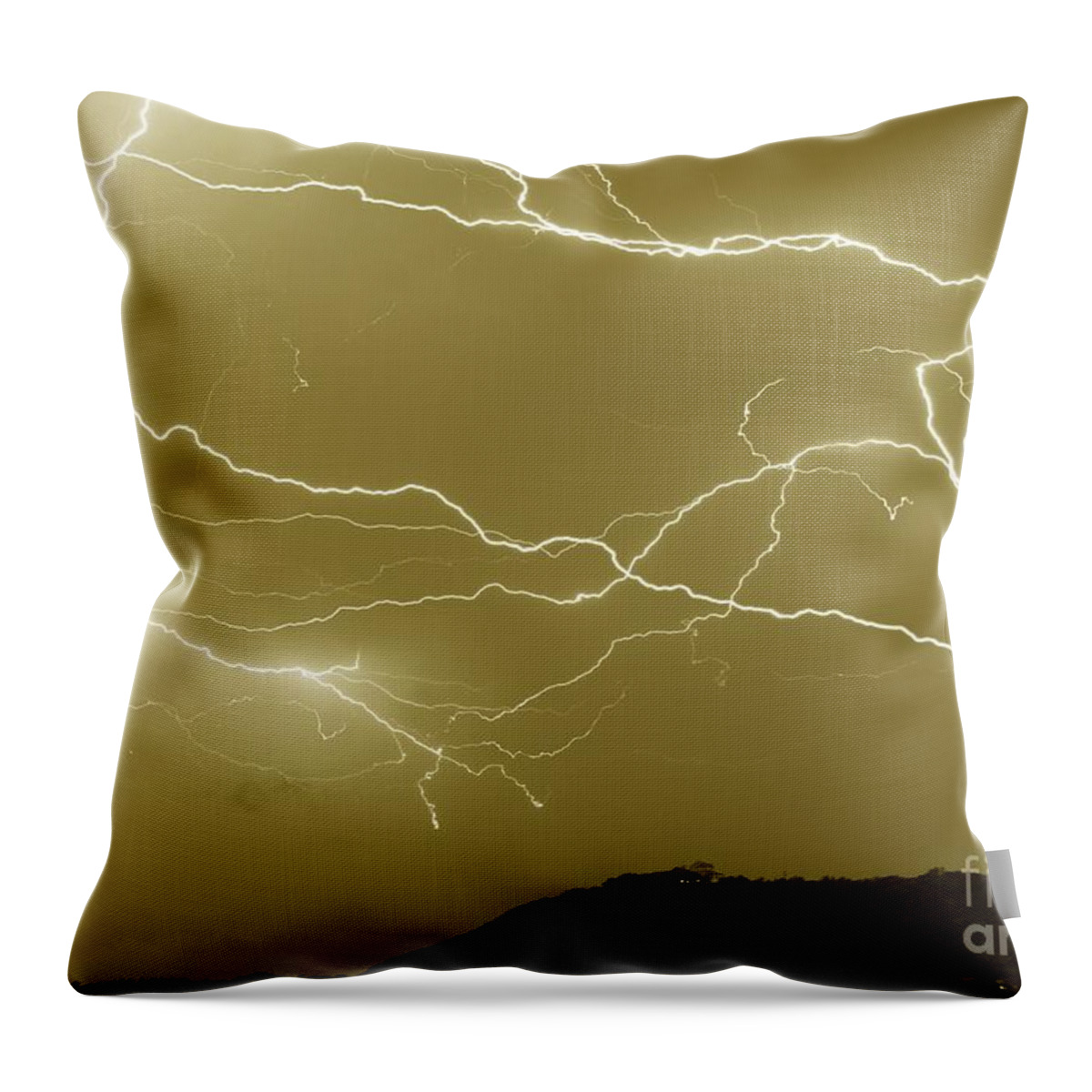 Michael Tidwell Photography Throw Pillow featuring the photograph Sepia Converging Lightning by Michael Tidwell