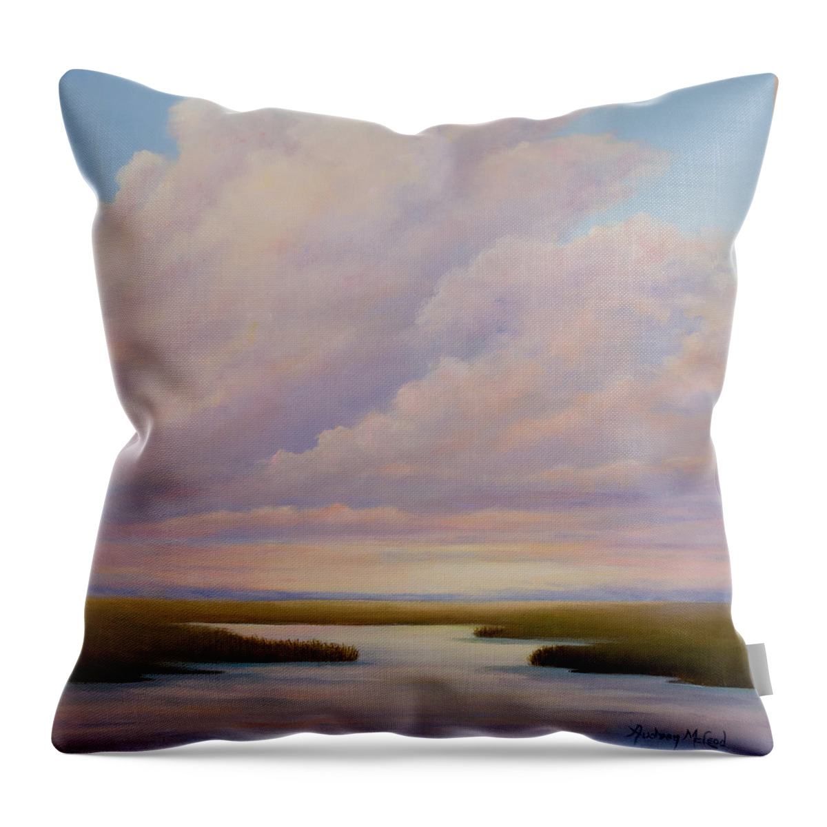 Beautiful Wind Driven Clouds Throw Pillow featuring the painting Serenity by Audrey McLeod