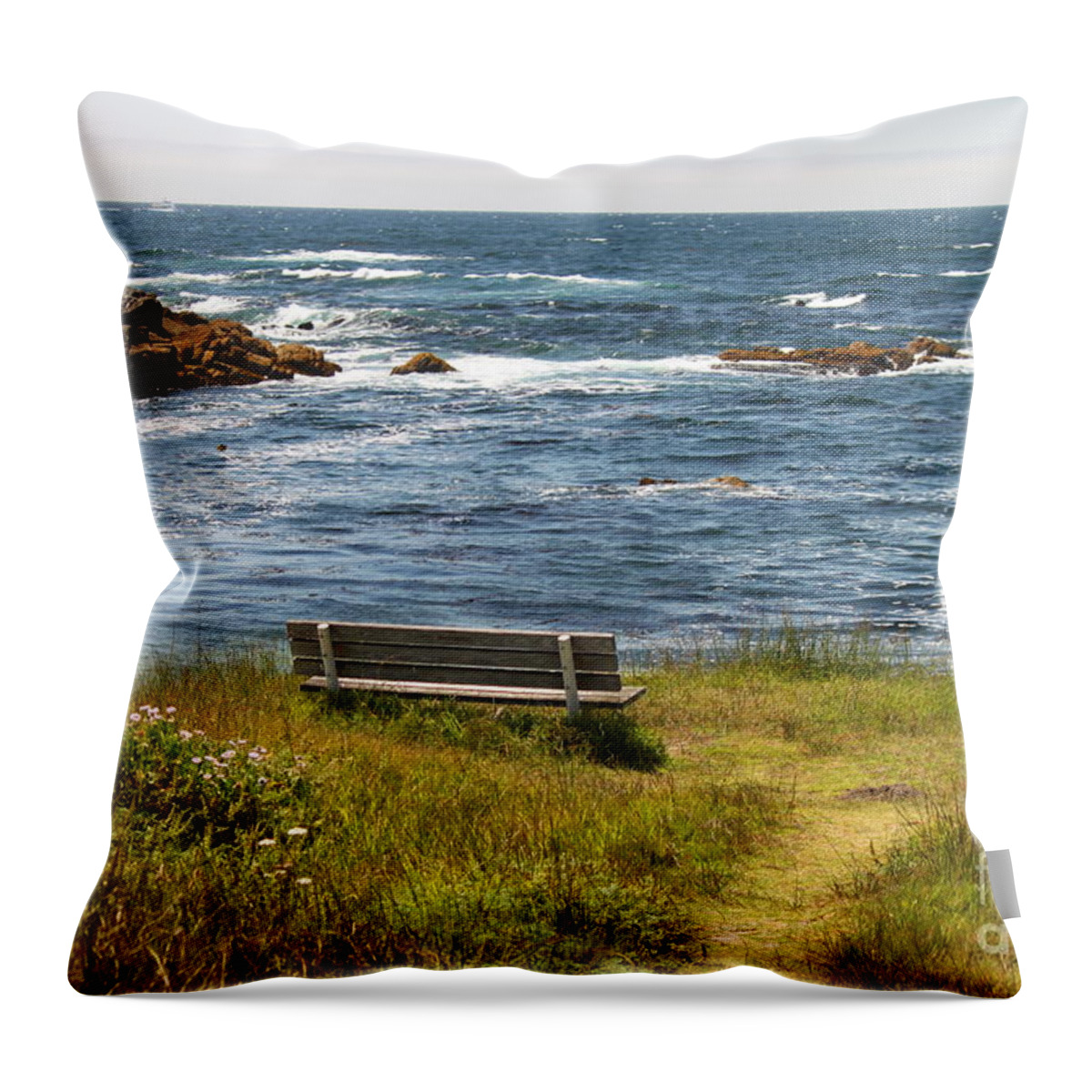Seascape Throw Pillow featuring the photograph Serenity Bench by Bev Conover