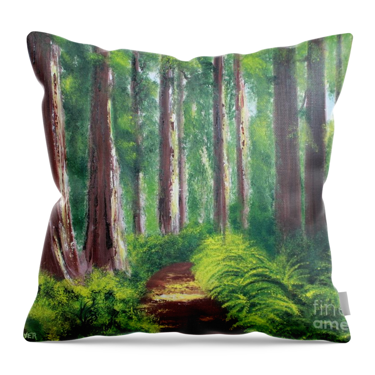 Redwoods Throw Pillow featuring the painting Serenity Forest by Bev Conover