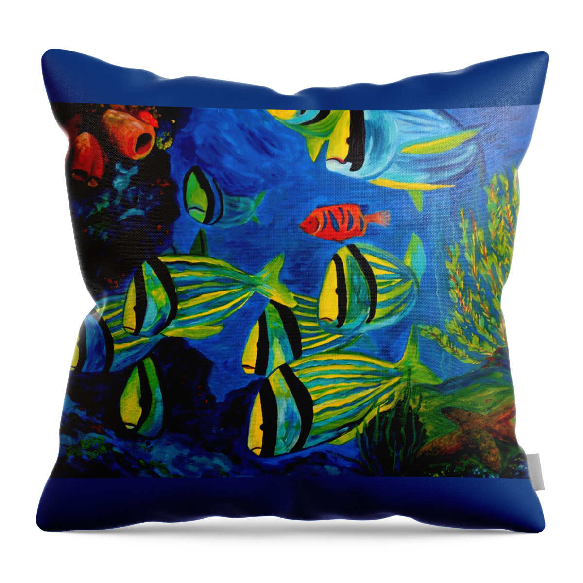 Fish Throw Pillow featuring the painting Serious Stripes - Colorful fish by Julie Brugh Riffey