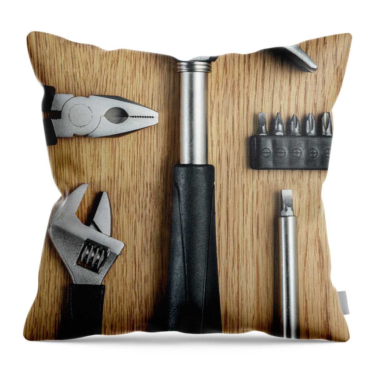 Work Tool Throw Pillow featuring the photograph Set Of Tools by Jonathan Kitchen