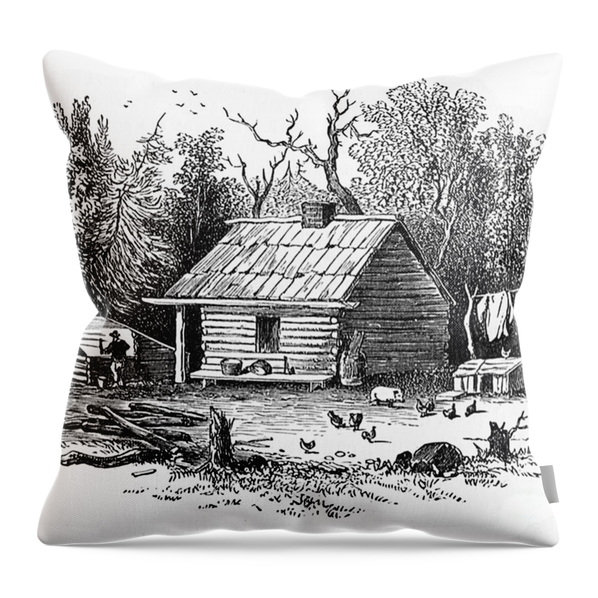 Canada Throw Pillow featuring the drawing Settler's Log Cabin - 1878 by Art MacKay