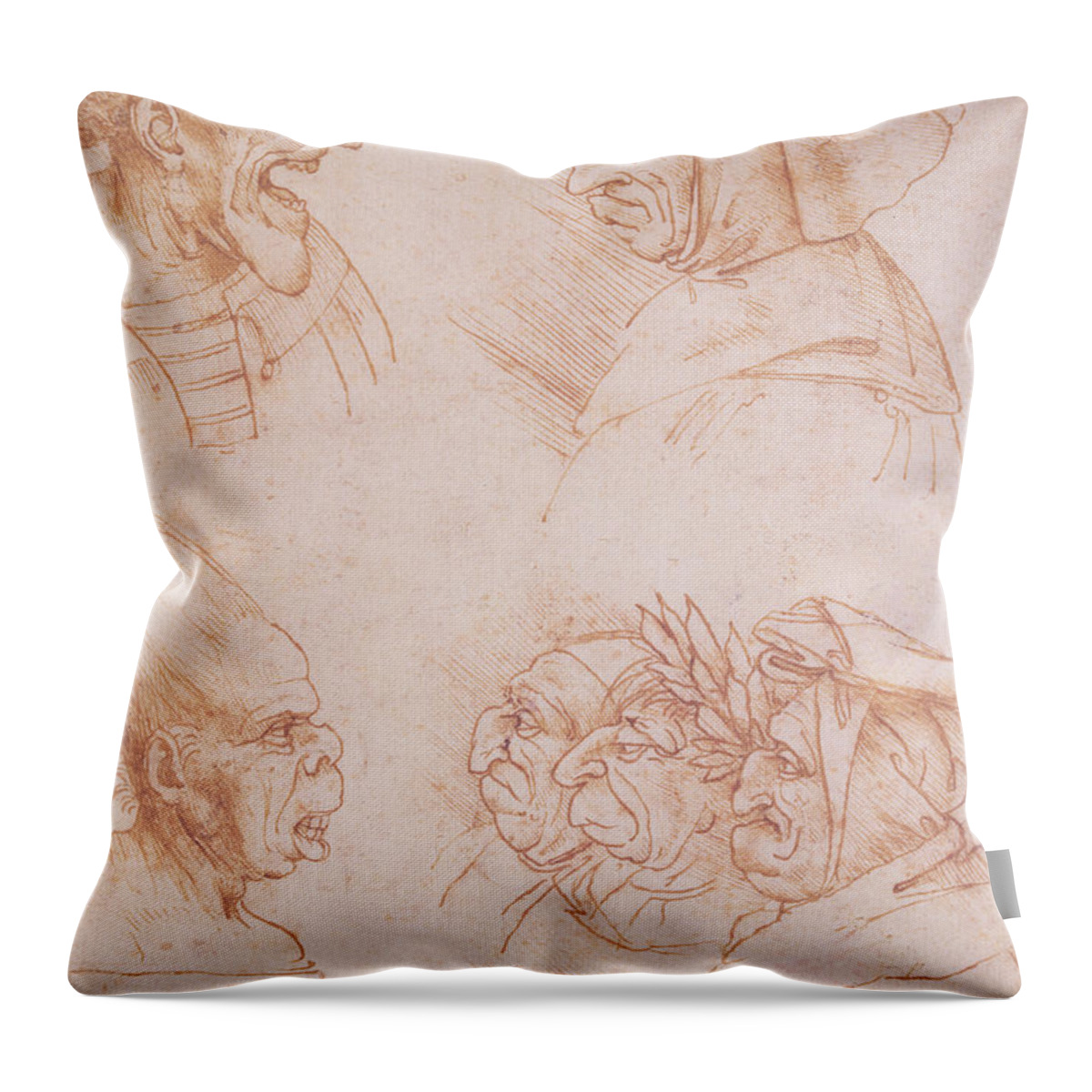 Renaissance Throw Pillow featuring the drawing Seven Studies of Grotesque Faces by Leonardo da Vinci