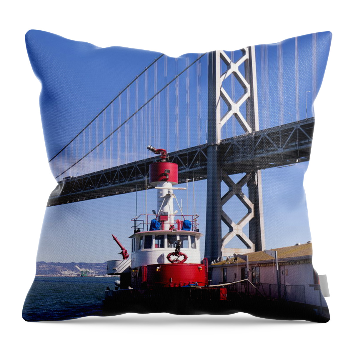 San Francisco Throw Pillow featuring the photograph SFFD Guardian Fireboat Number 2 At The Bay Bridge on The Embarcadero DSC01842 by Wingsdomain Art and Photography