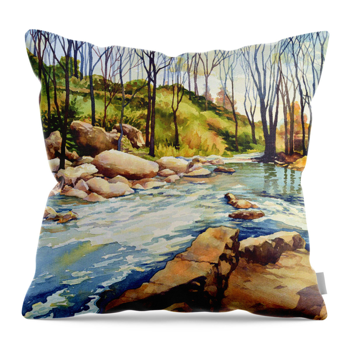 Watercolor Throw Pillow featuring the painting Shallow Water Rapids by Mick Williams