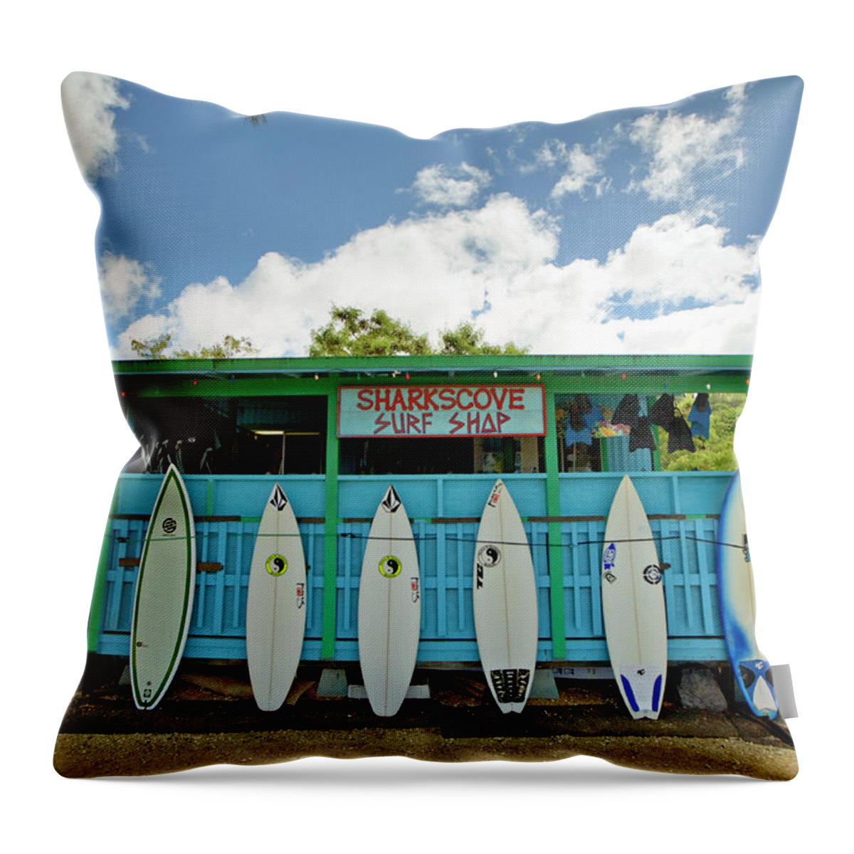 Summer Throw Pillow featuring the photograph Sharks Cove Surf Shop With New by Merten Snijders