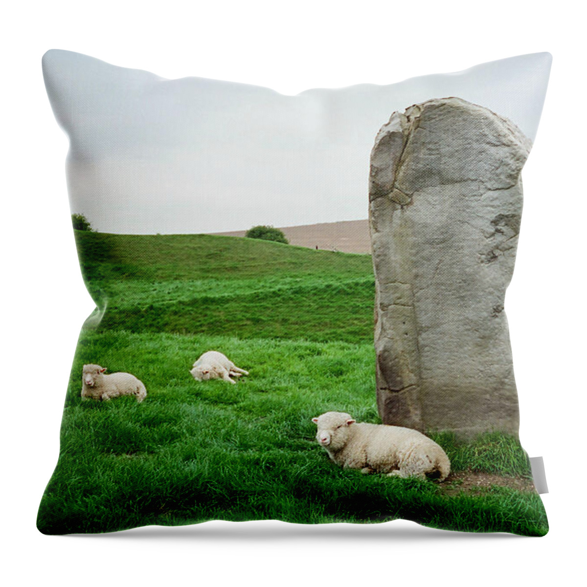 Standing Stone Throw Pillow featuring the photograph Sheep at Avebury Stones - original by Marilyn Wilson